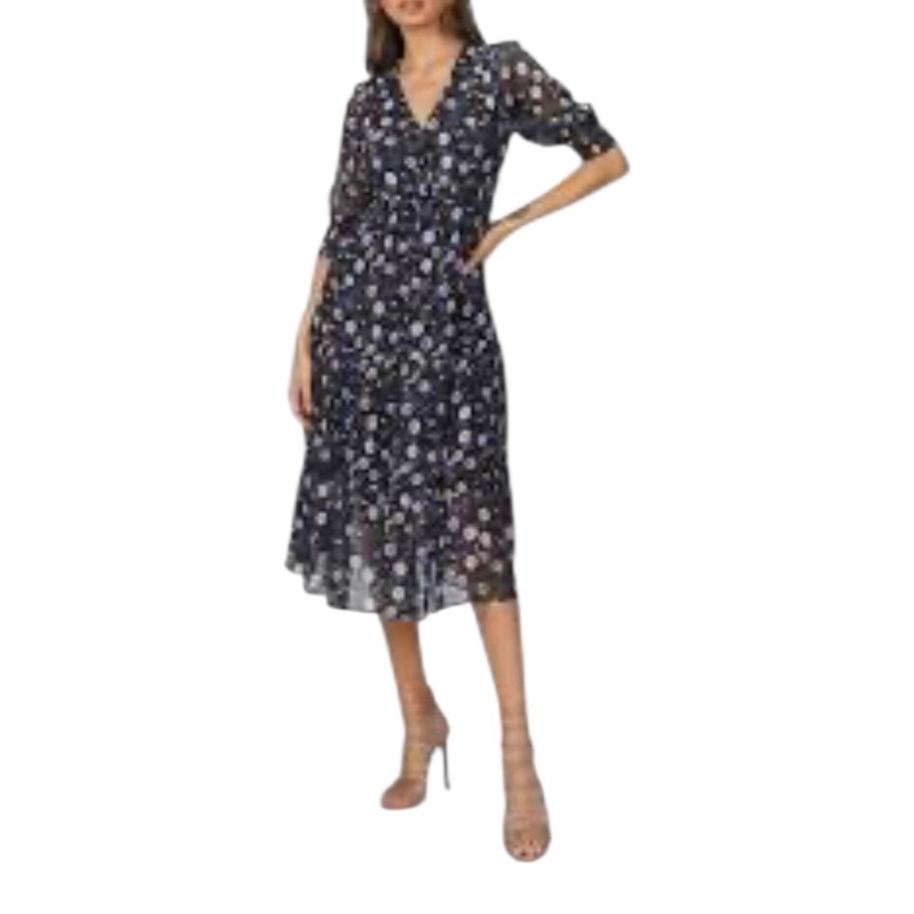 The Kooples 100% Silk Black Floral Lined Tiered Midi Dress Size 0 Semi-sheer